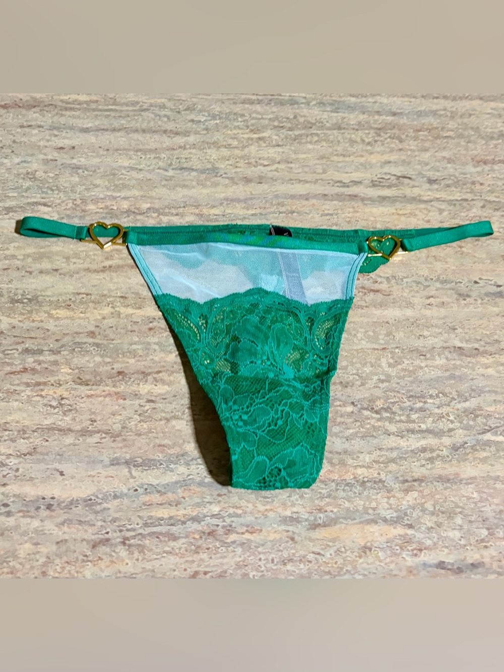 NWOT Victoria's Secret Emerald Lace Thong Panty with Gold Heart Hardware